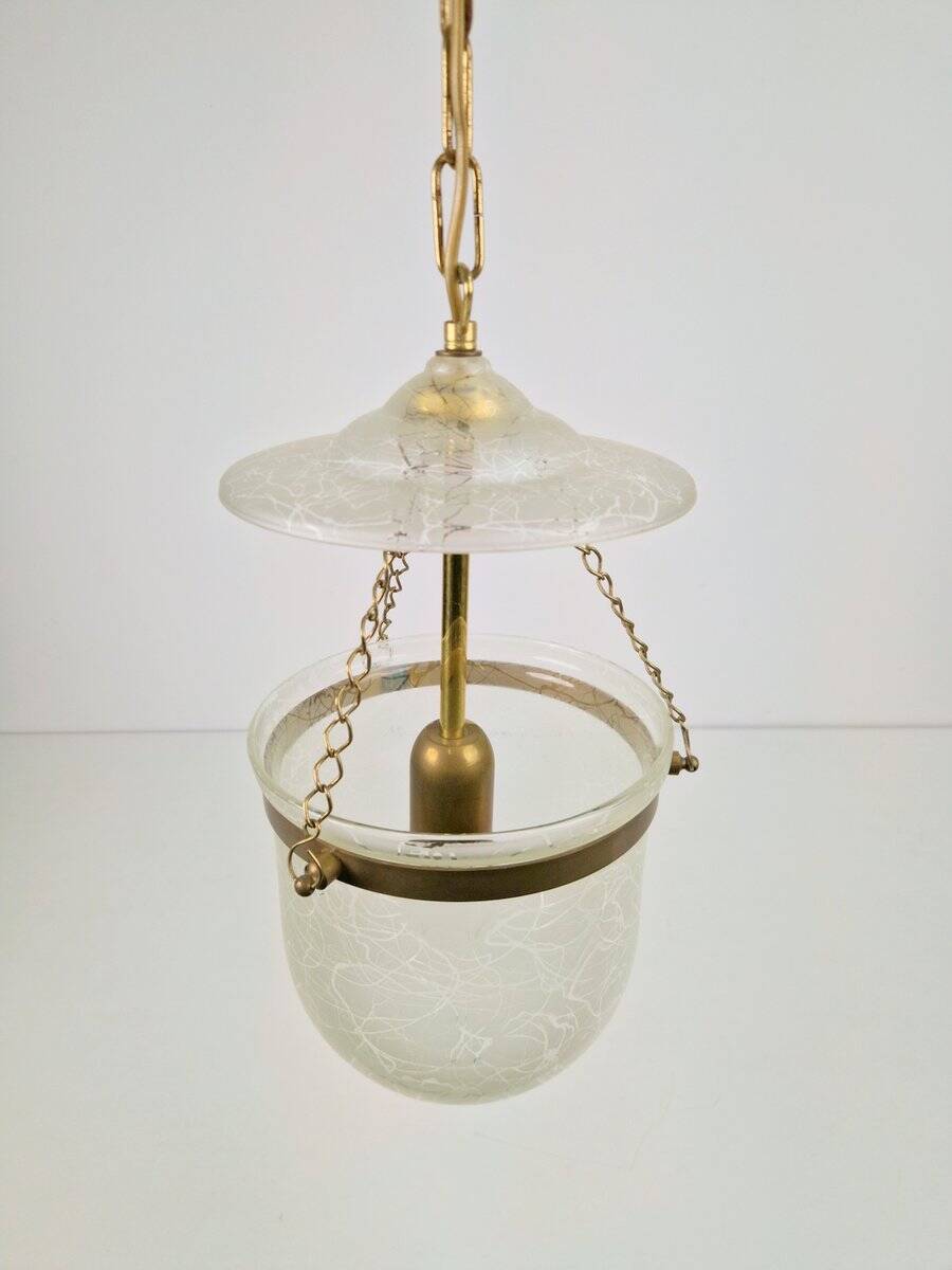 Vintage Brass and Mounted Glass Hundi Lantern Bell Lamp, 1950s