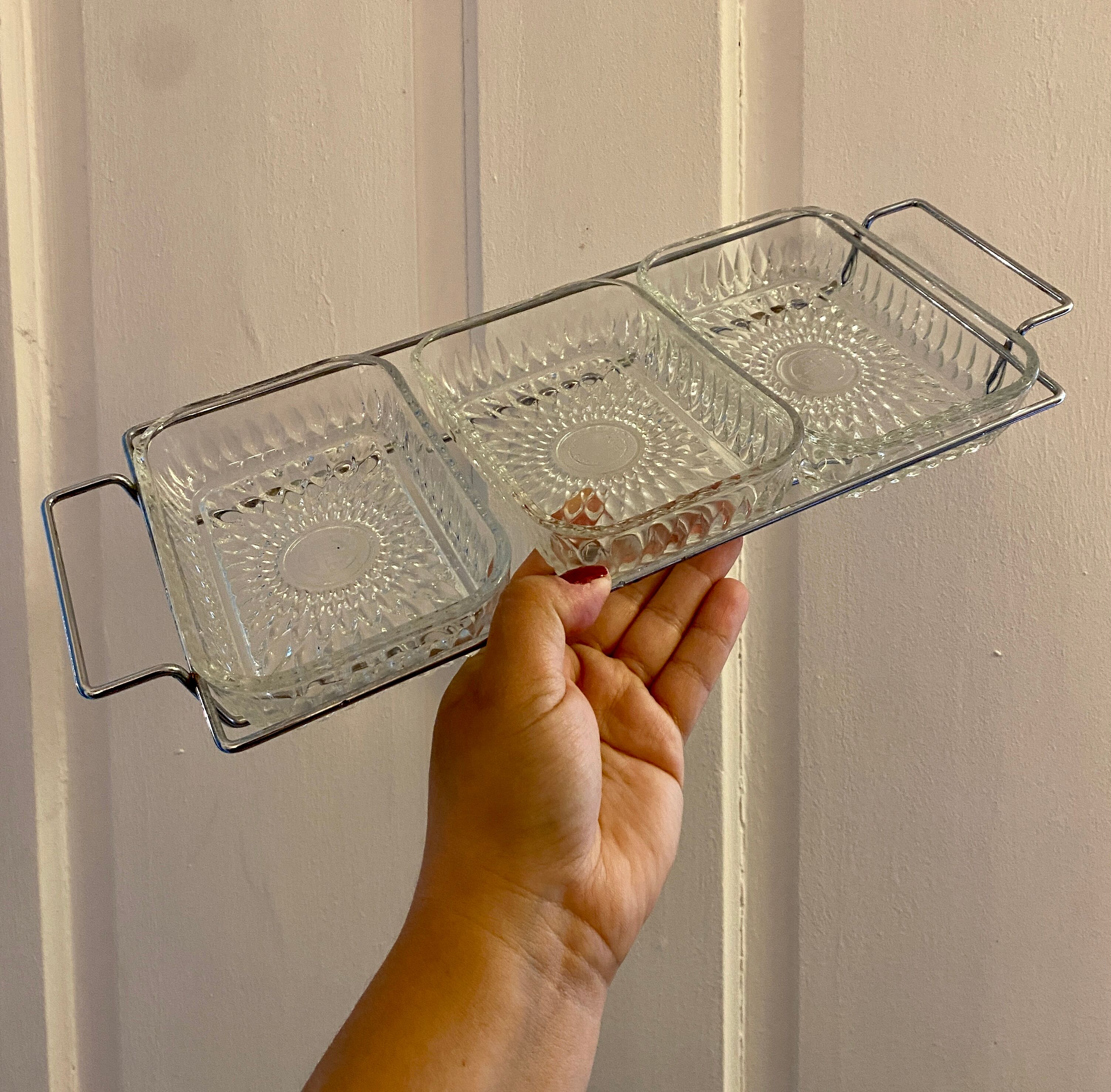 Duralex vintage glass and silver metal tray/servant