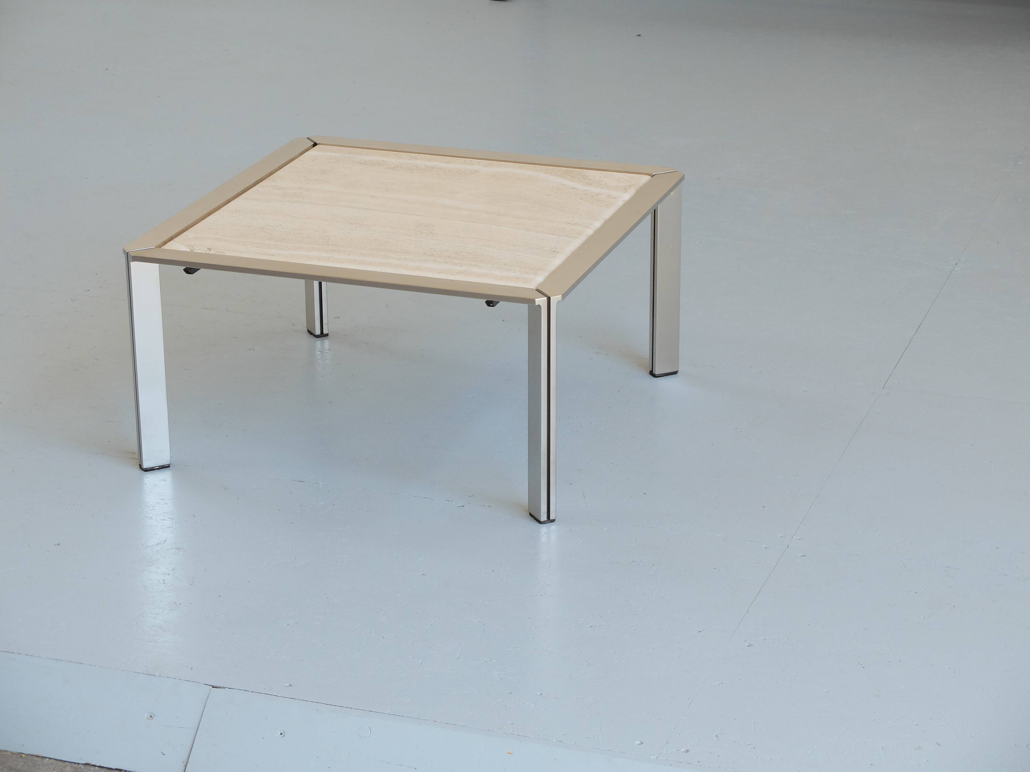 Chrome and travertine coffee table, Artelano France, 1980s.