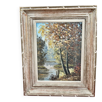 Tableau huile sur toile, Paysage lacustre en automne, Signé Maubers- XXème