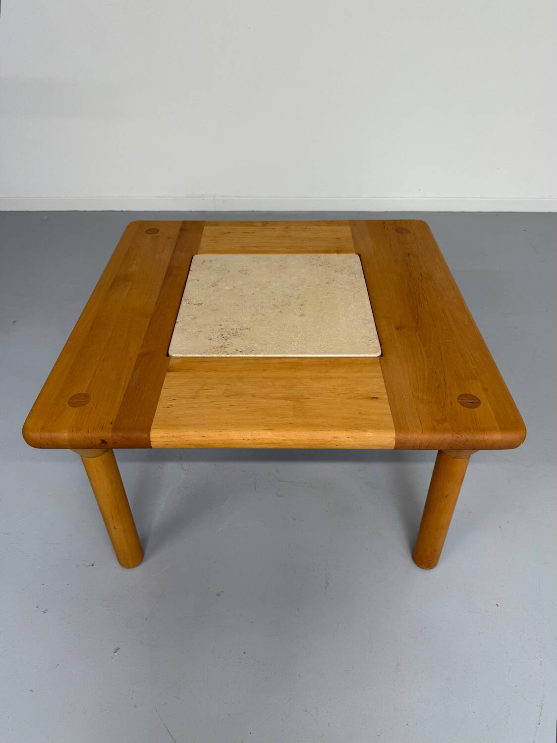 Table basse ancienne bois et travertin design des années 70 vintage