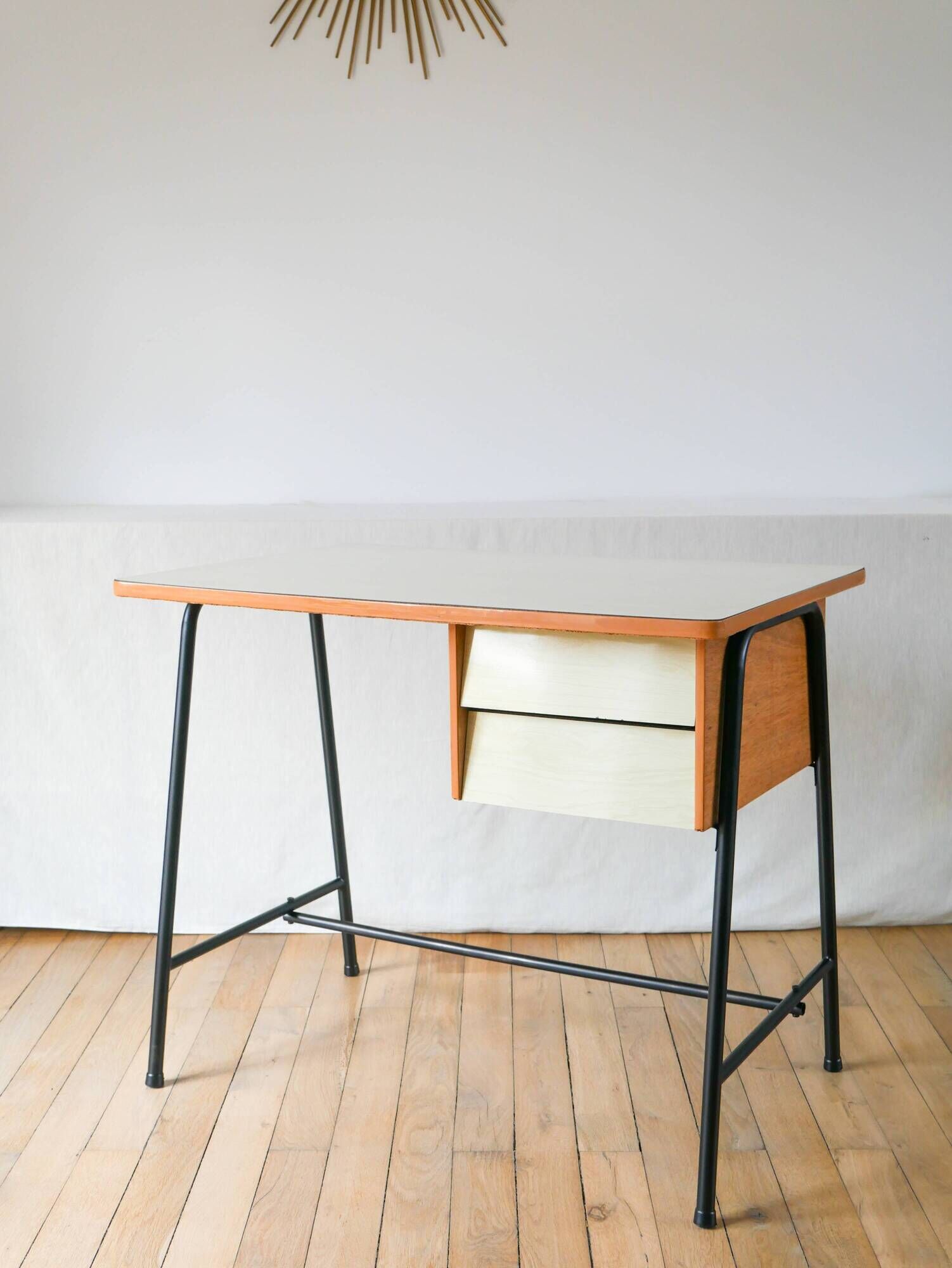 Formica, beech and black metal desk, Modernist Design, 1960