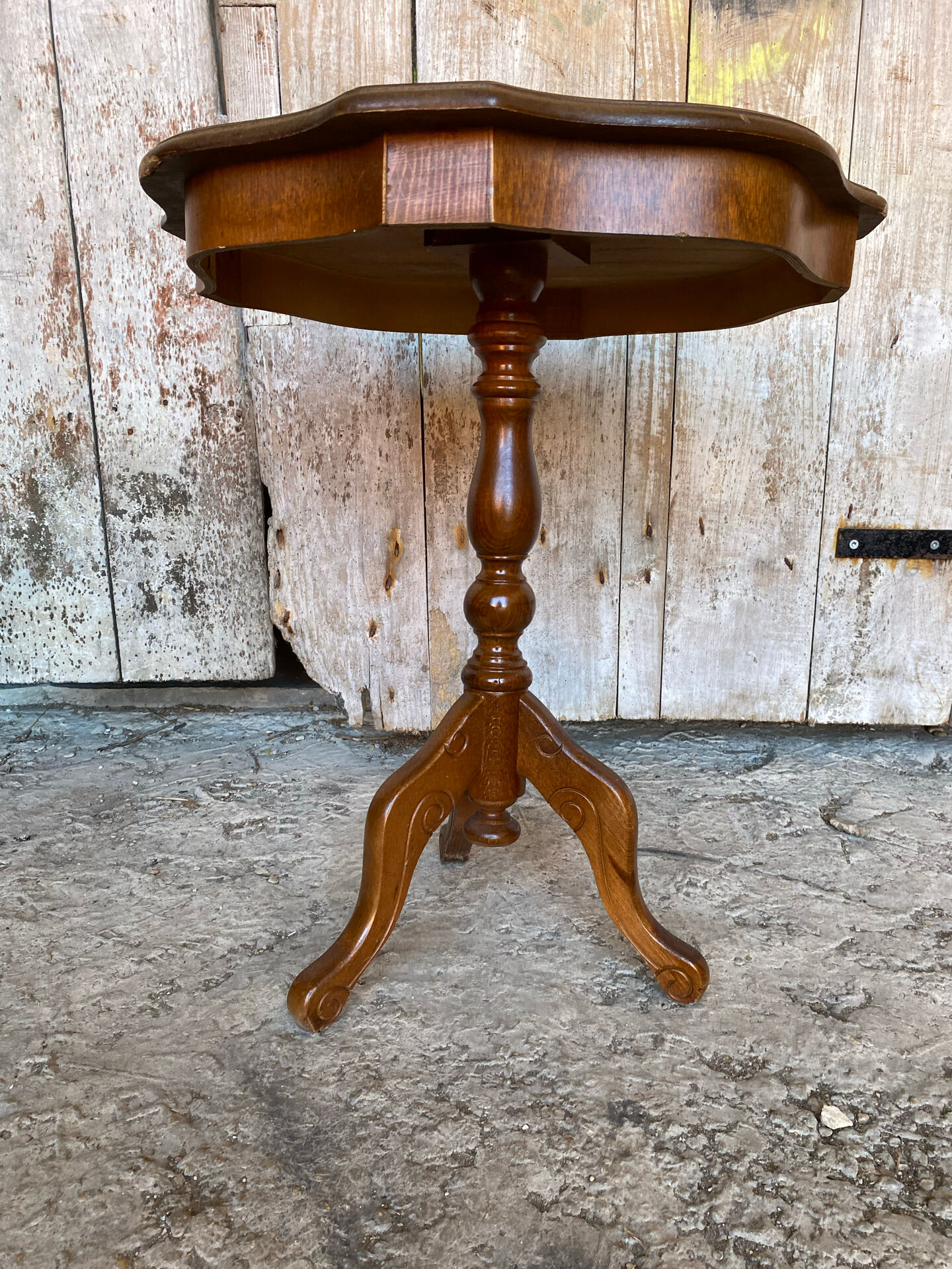 Guéridon Ancien Table Appoint Tripode Bois +  Plateau Marqueterie Vint
