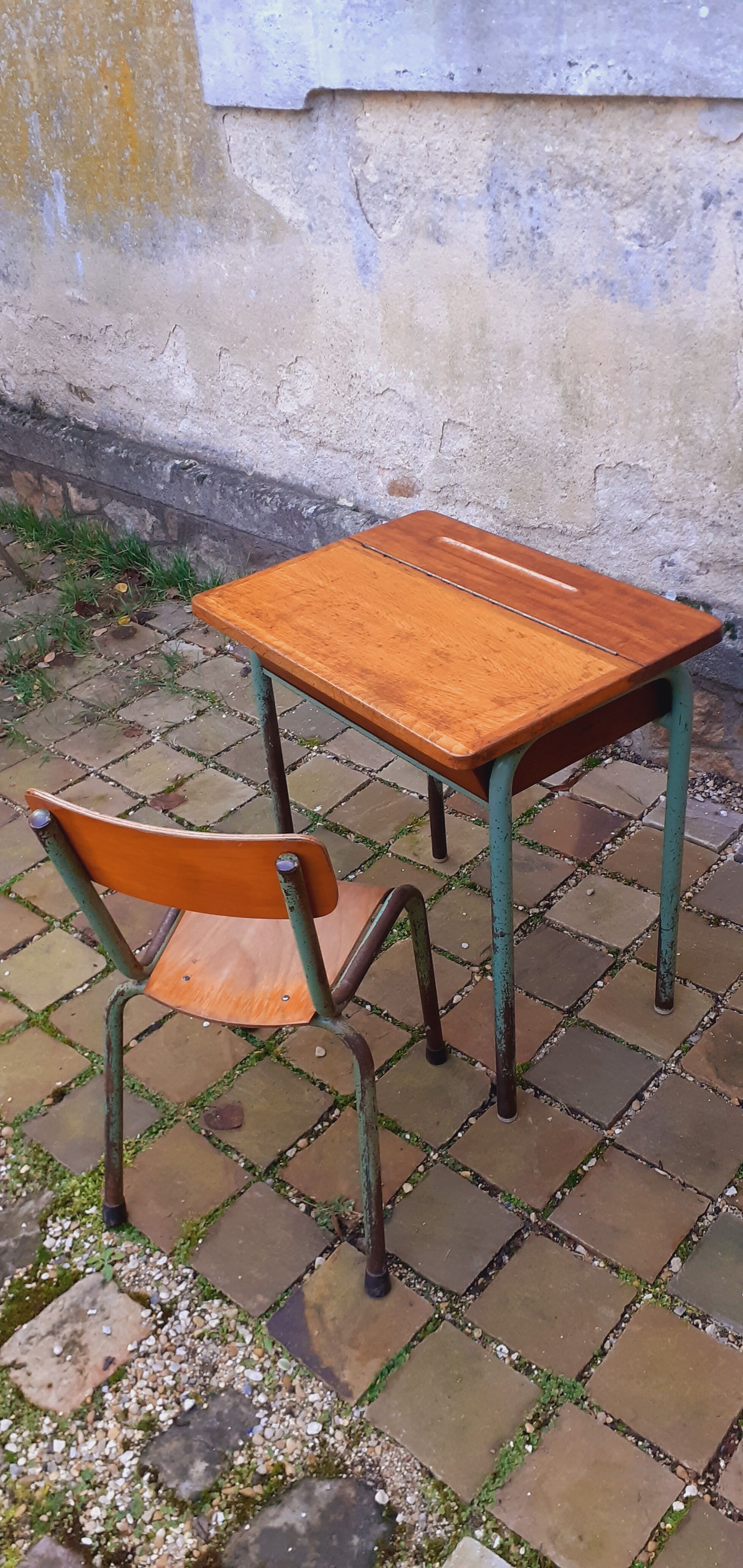 Vintage teak and solid oak schoolwork and its 50 year chair