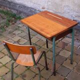 Vintage teak and solid oak schoolwork and its 50 year chair