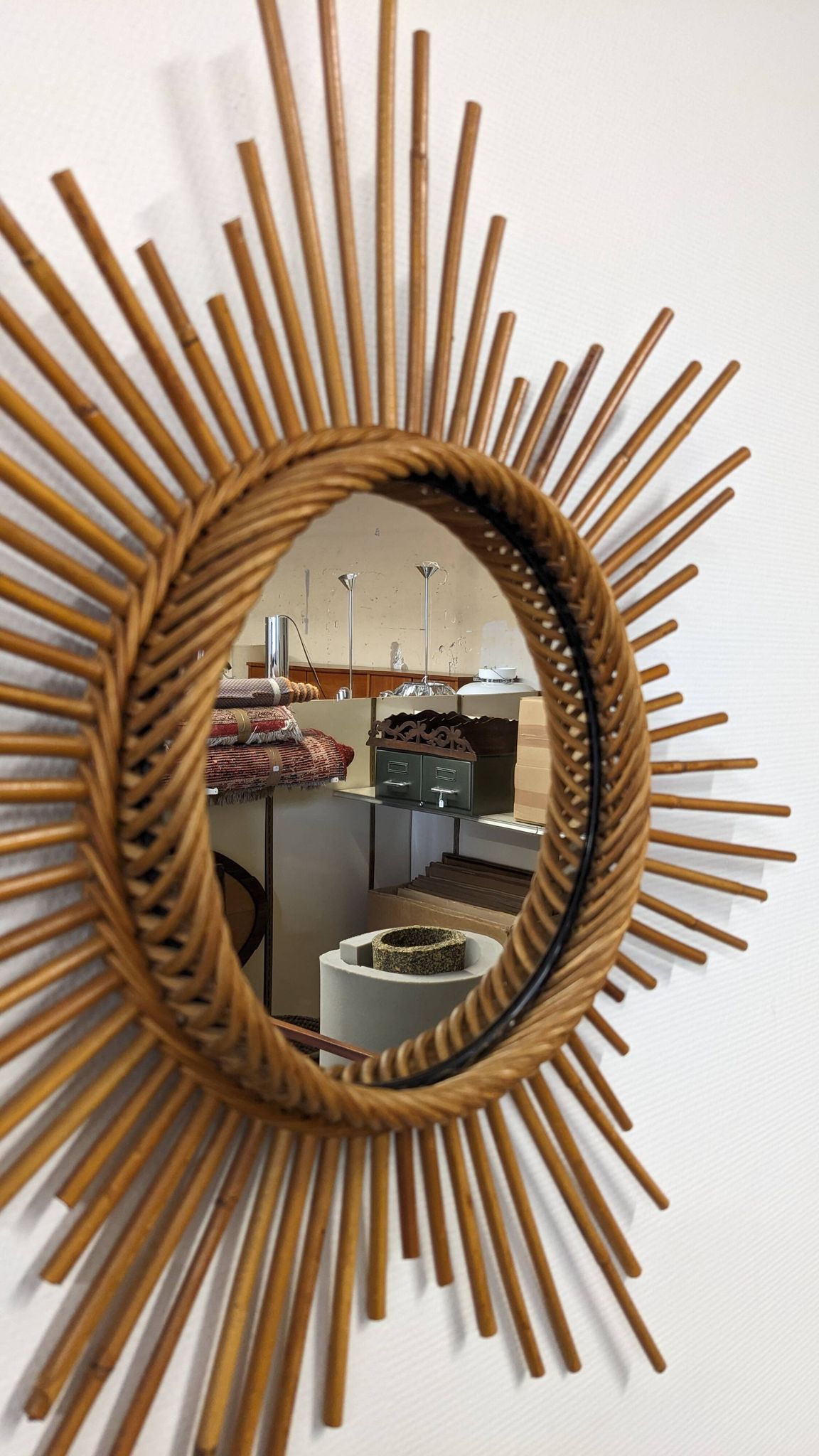 XL starry sun mirror in rattan, France around 1970