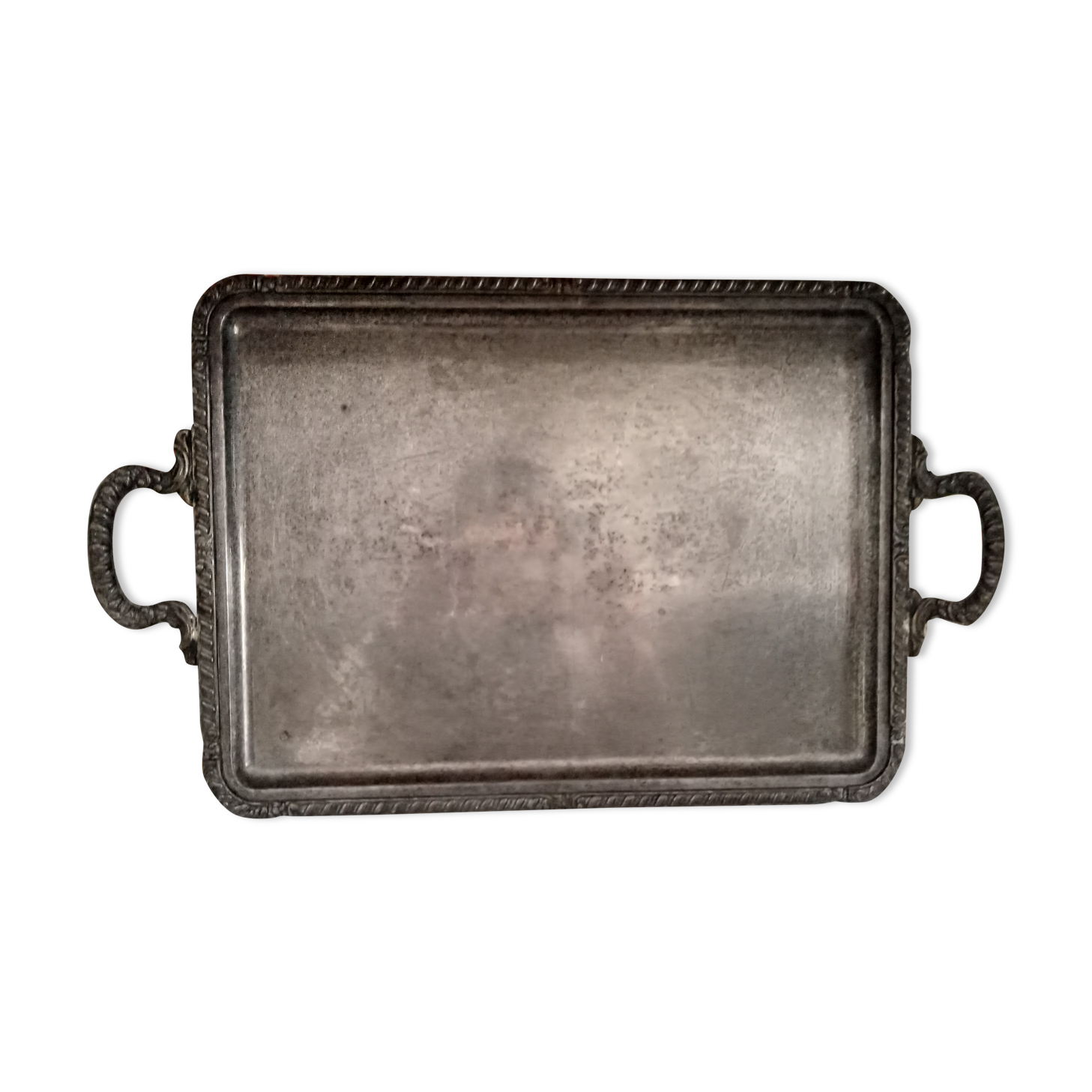 Rectangular silver metal tray 2 handles, decorative frieze
