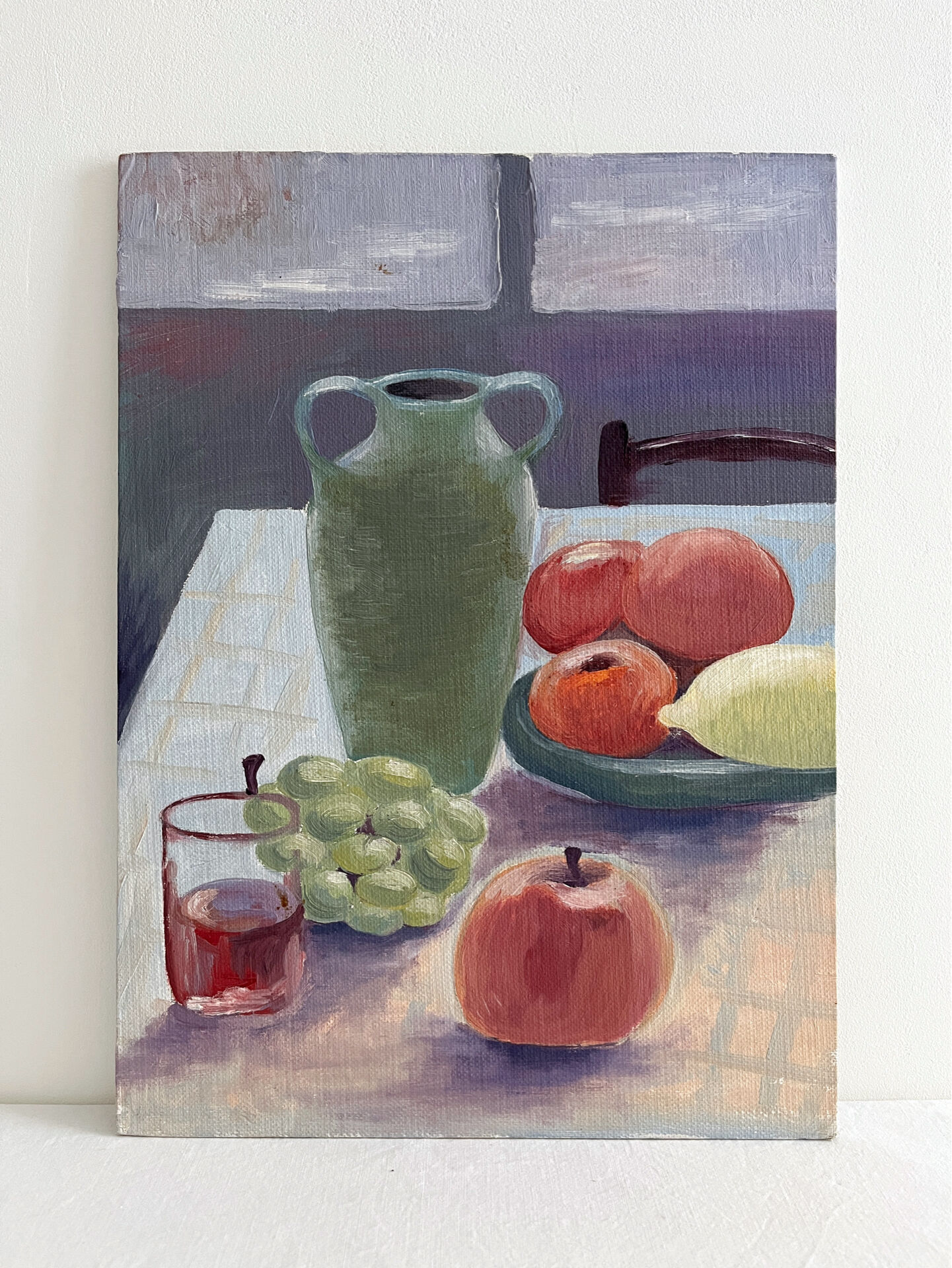 Peinture ancienne huile sur carton nature morte fruits table