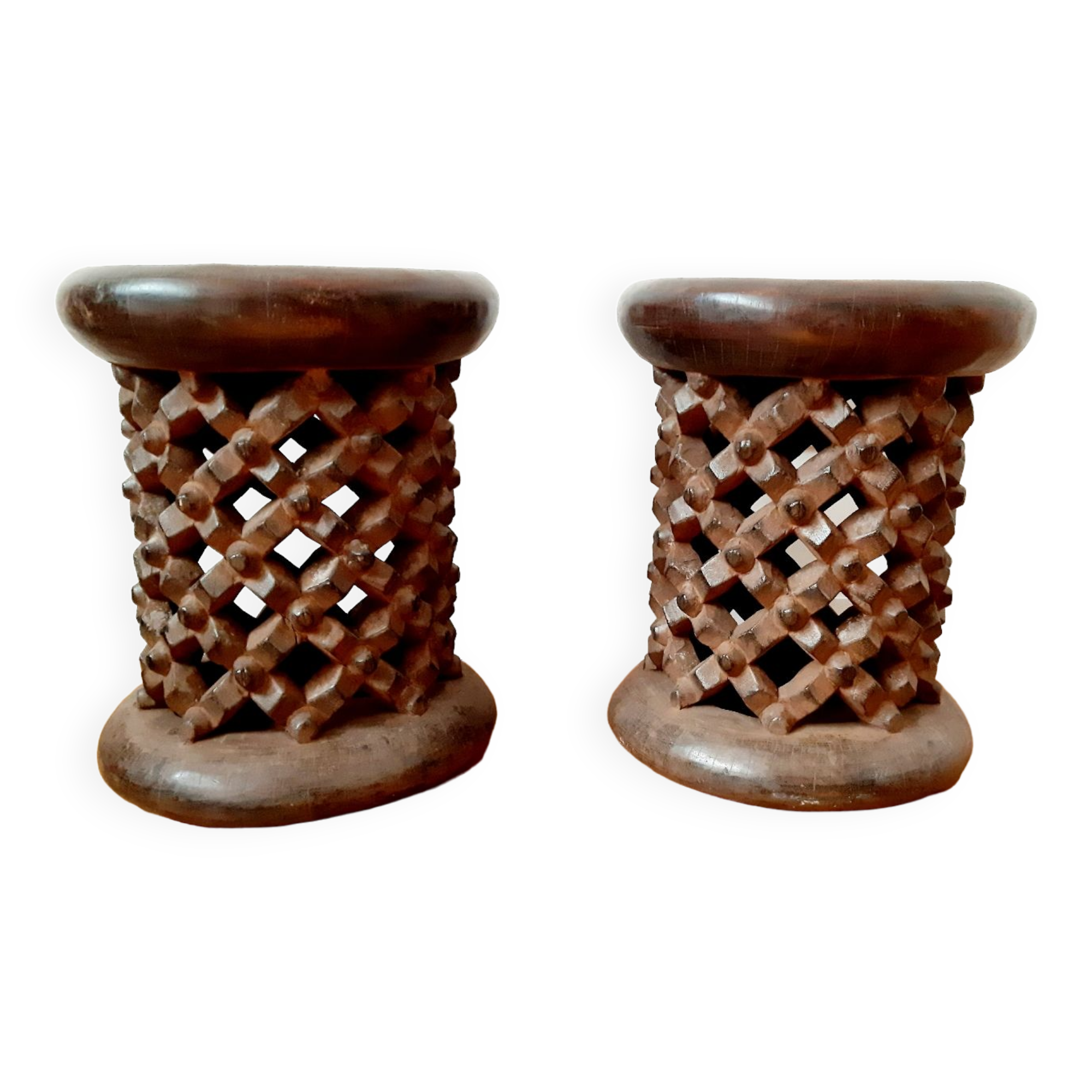 Set of 2 African Bamilike Cameroon stools, year 1950