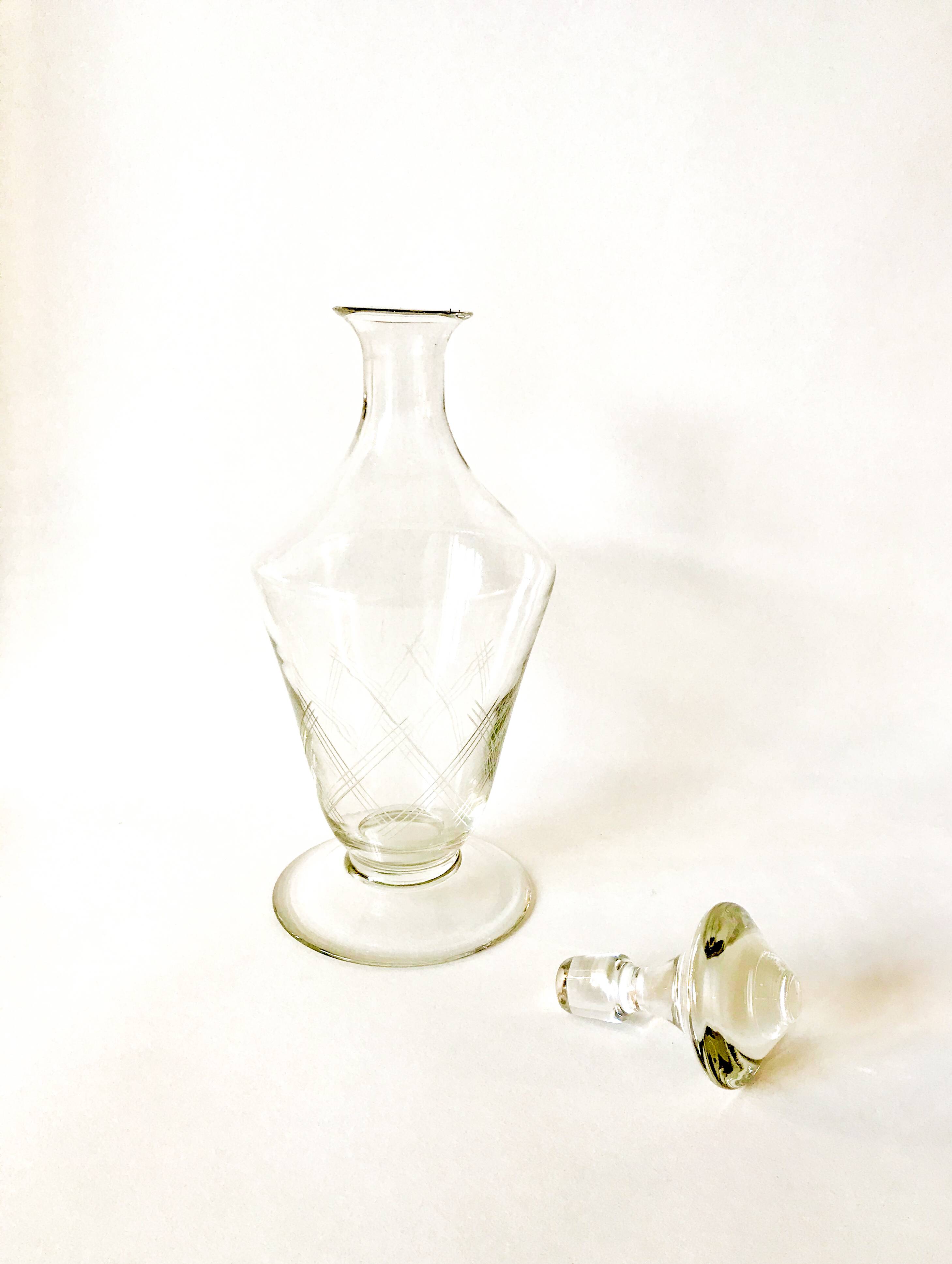 large engraved glass wine carafe from the 1950s