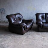 Set of 2 Mid-Century Dark Brown Leather Club Chairs — Tufted, Rounded Space Age Design