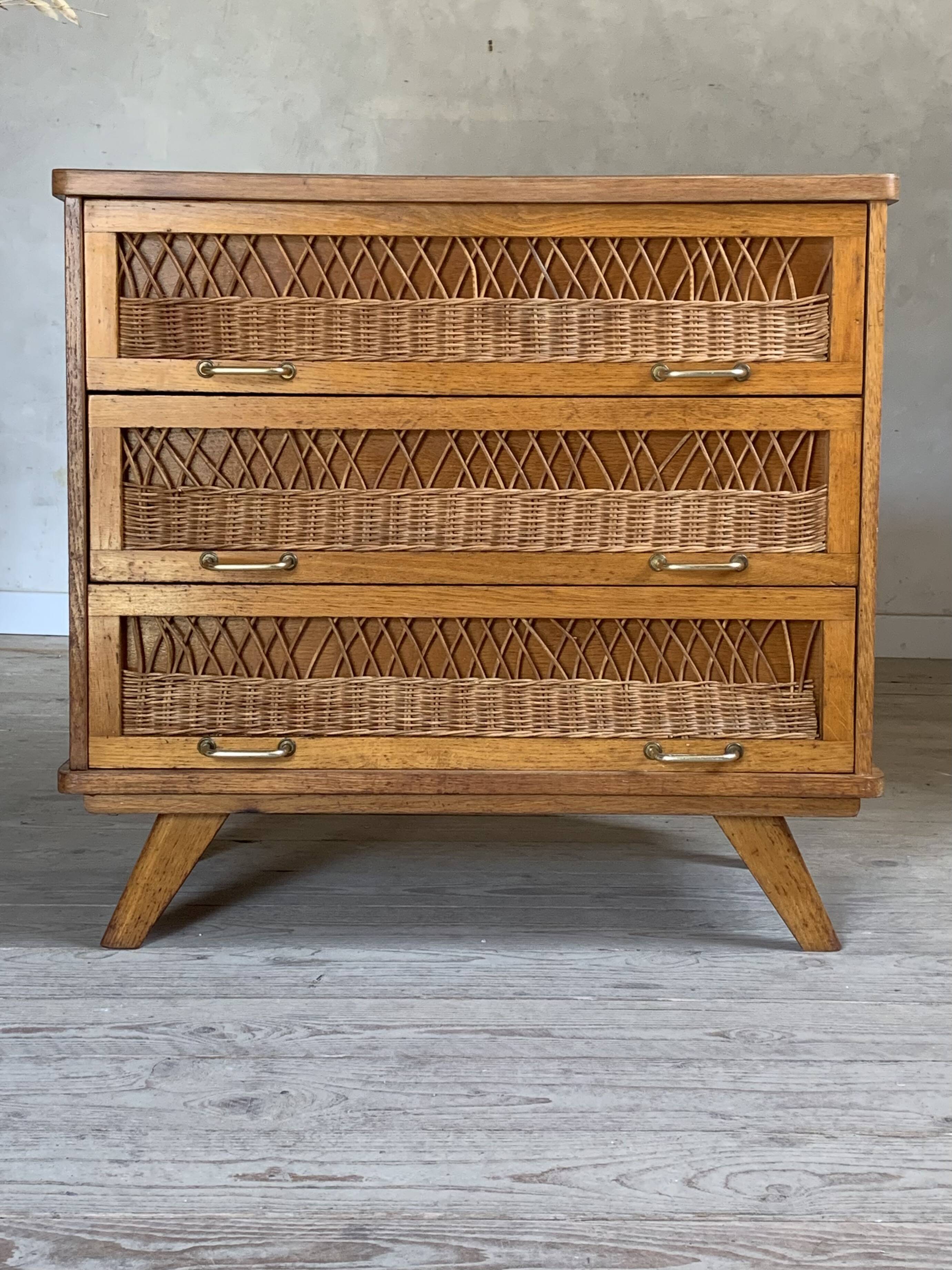 Vintage oak and rattan chest of drawers
