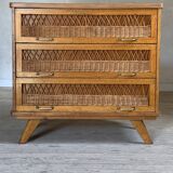 Vintage oak and rattan chest of drawers