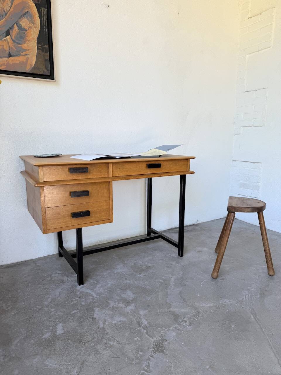 Modernist 50s oak metal desk