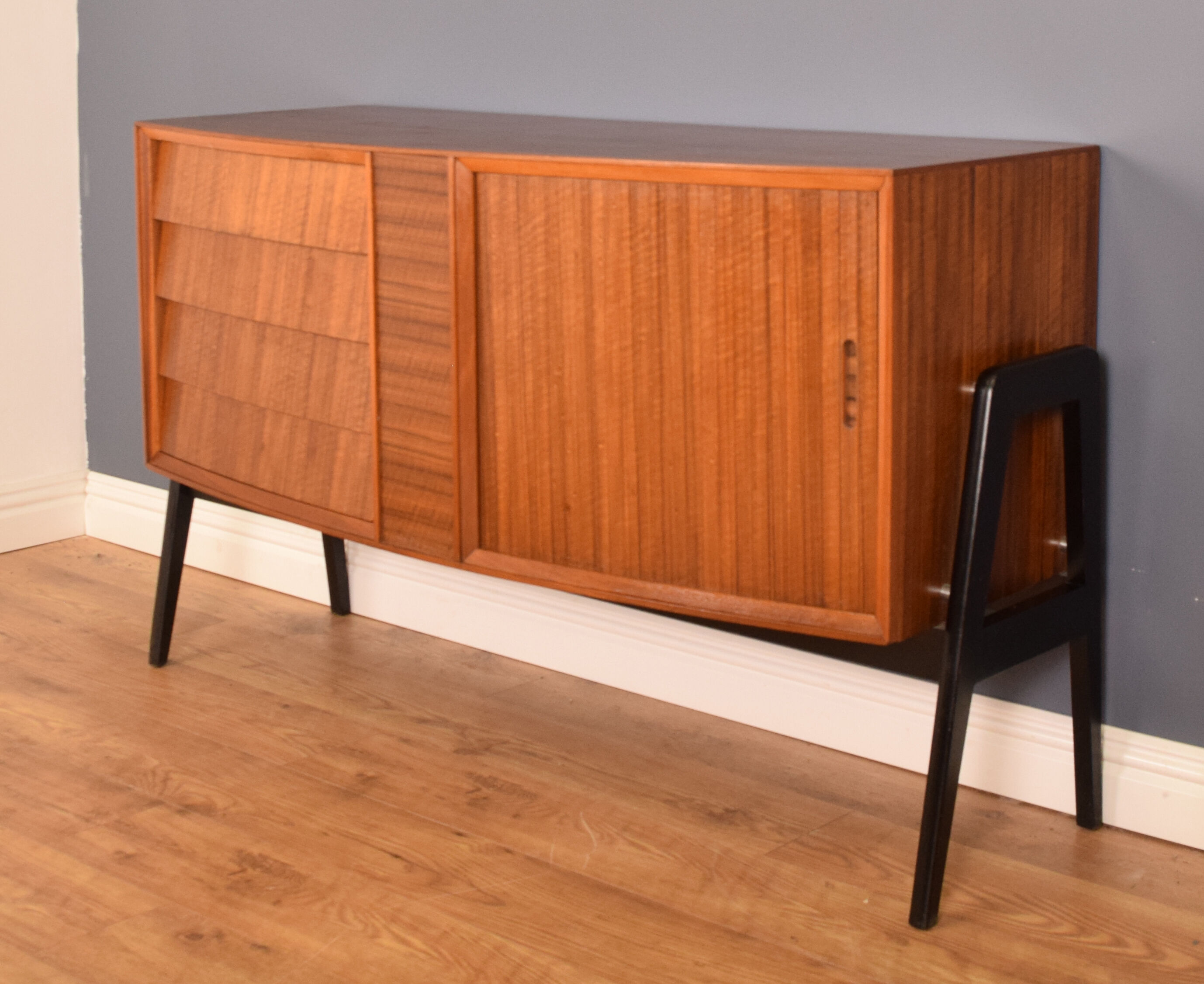 Restored Danish Style Walnut & Teak Sideboard With Tambour Doors
