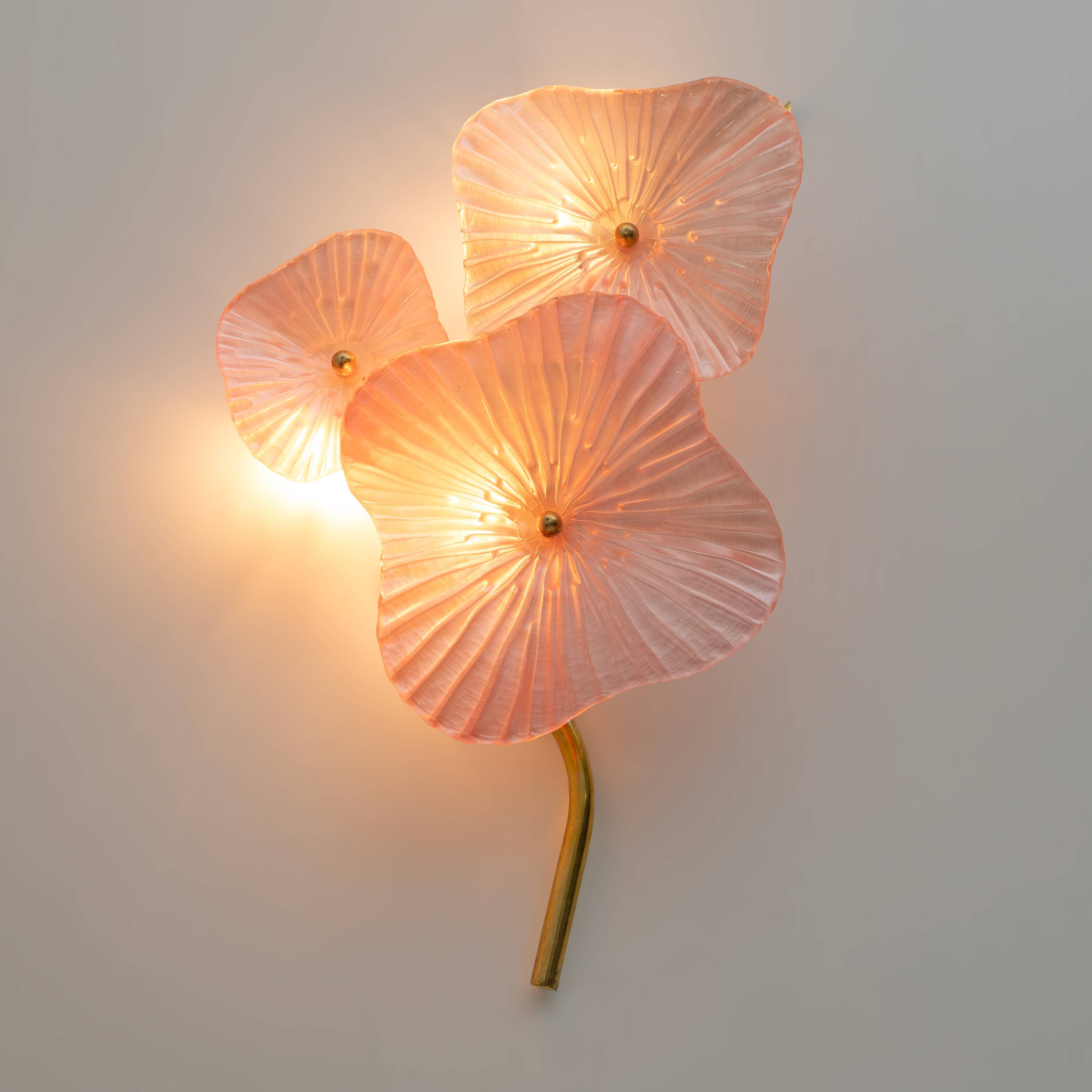 Pair of pearly pink Murano glass and brass wall lights
