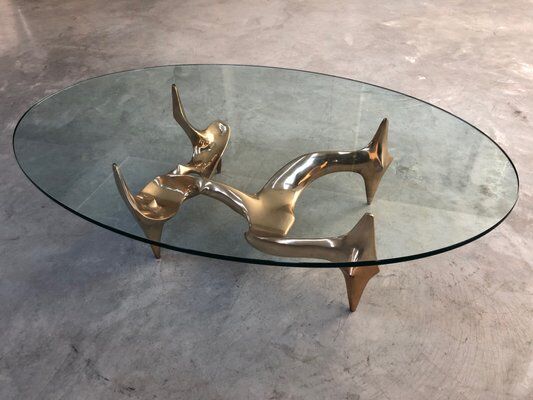 Bronze and glass coffee table with female sculpture by Victor Roman