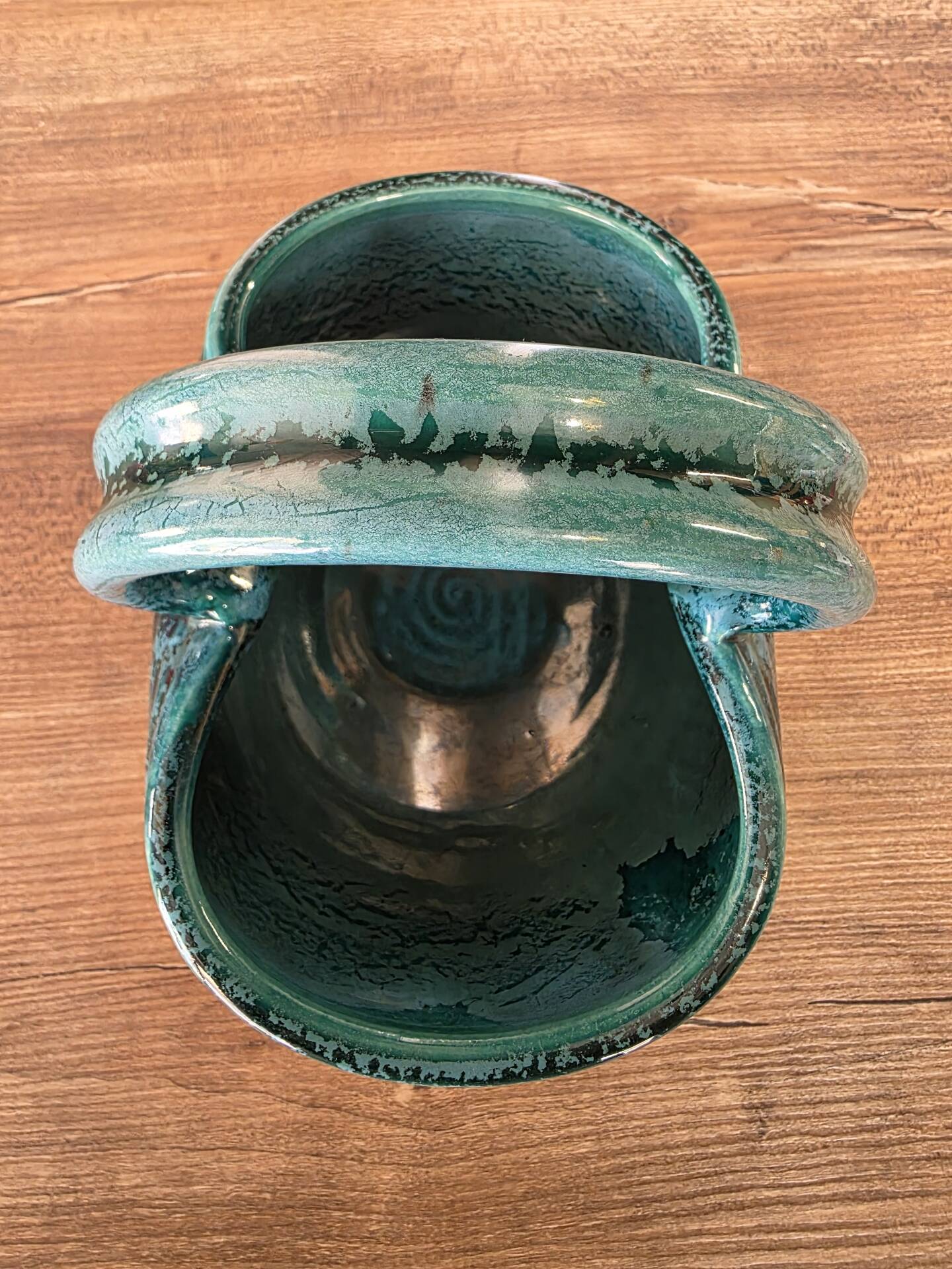 Vintage ceramic basket Accolay turquoise Signed Bull's Head X.C