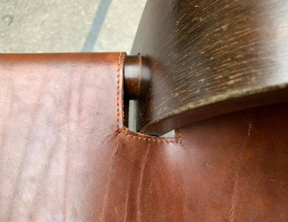 Brutalist Mid-Century Safari Armchair in Wood and Leather, 1960s