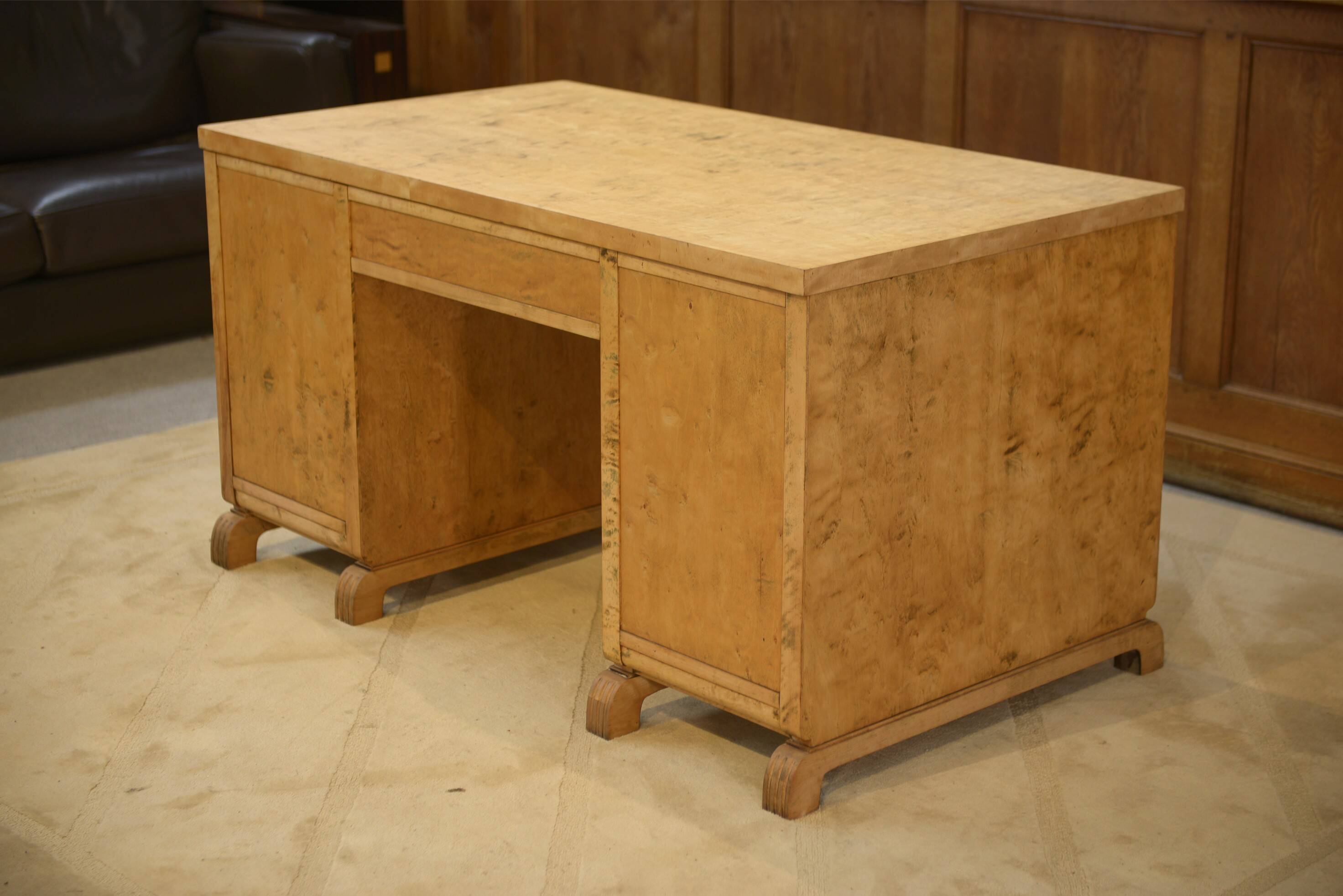 English desk in birch veneer with bee pattern marquetry from the 1950s.