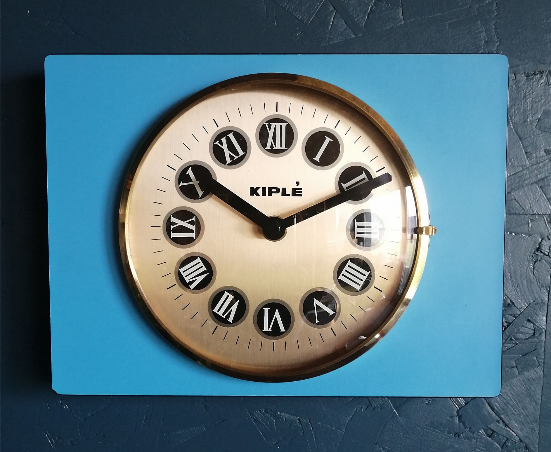 Vintage formica clock silent rectangular wall clock "Blue Kiple"