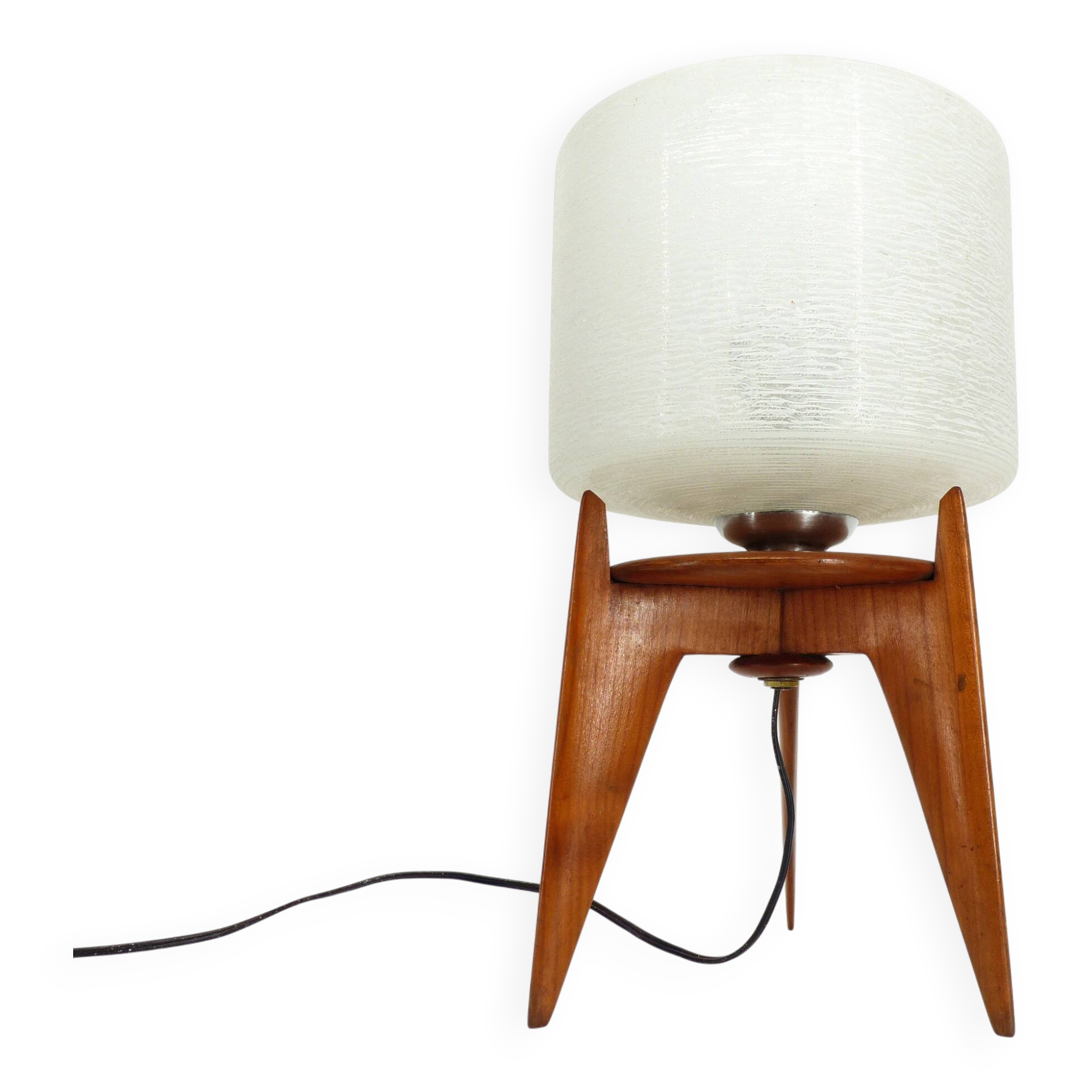 Vintage tripod table lamp wood and glass 1950 France
