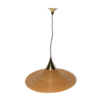 Lampe suspendue en osier en rotin de roseau crayon, Italie années 1970