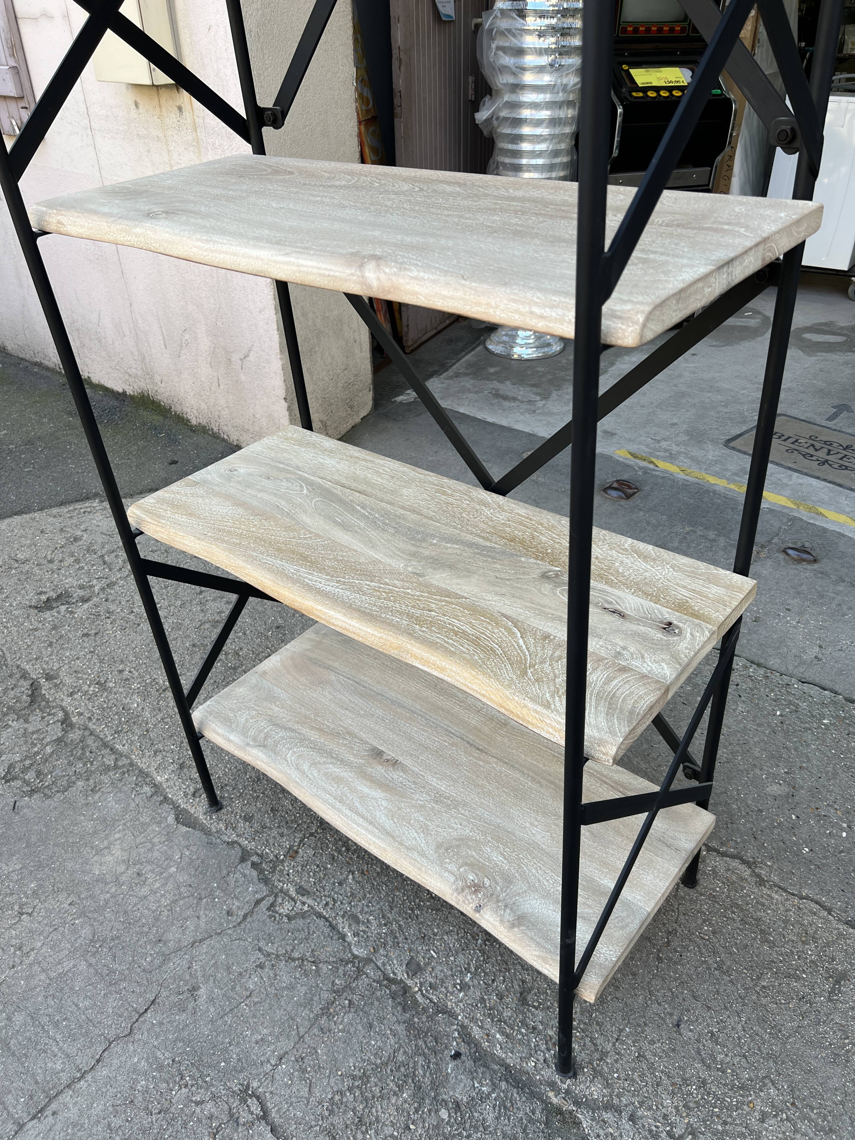 Industrial-style shelf in light wood and cast iron