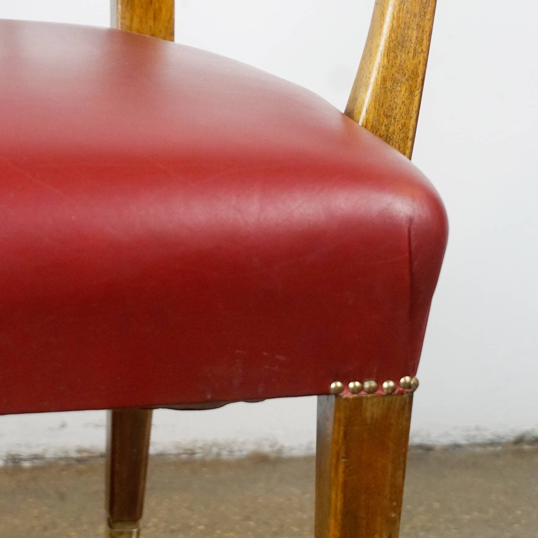 Austrian Dining Chairs in Walnut and Red Leather by Oswald Haerdtl from the Mid-Century