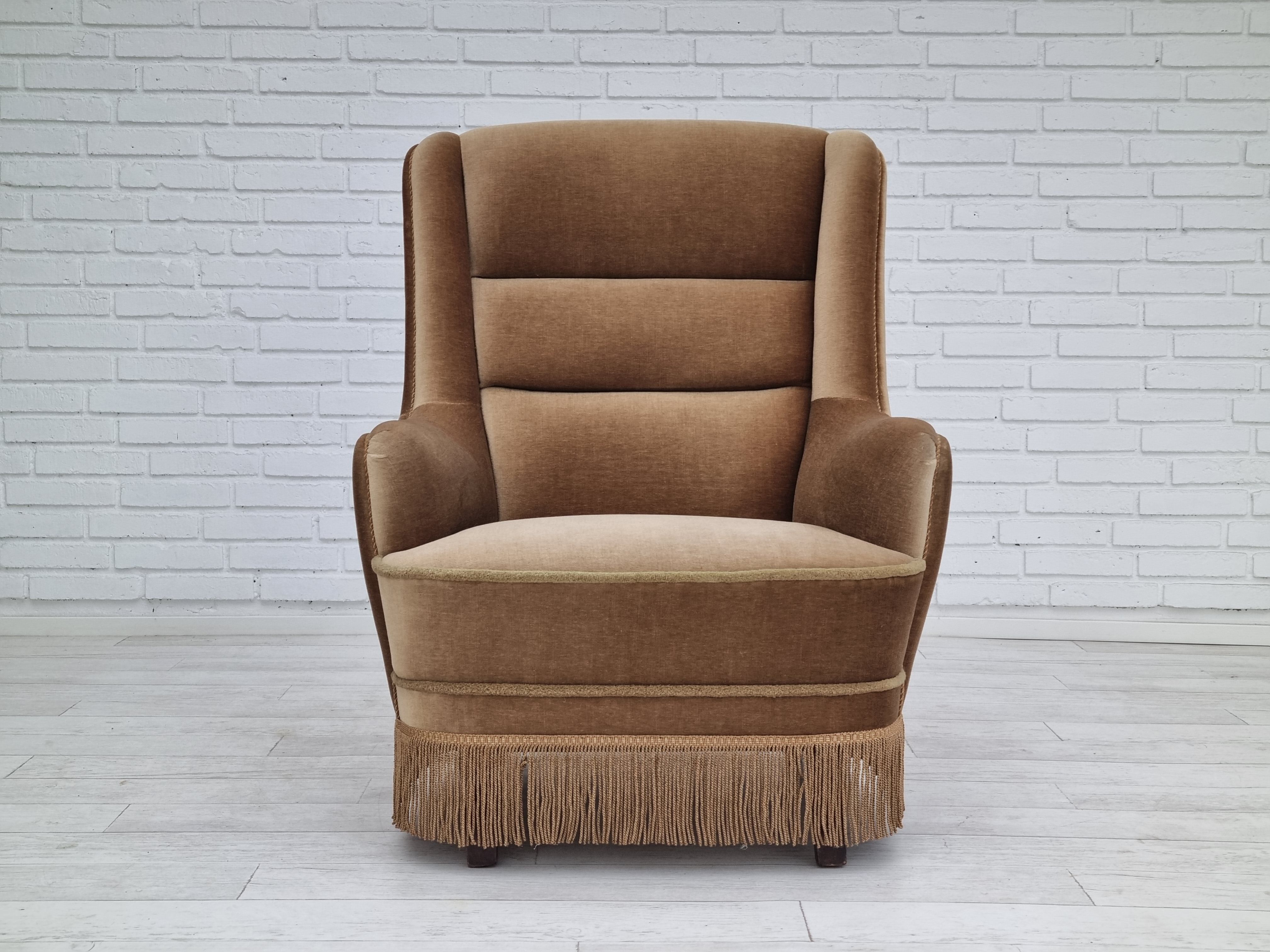 1960s, Danish high back armchair, original upholstery, green velour