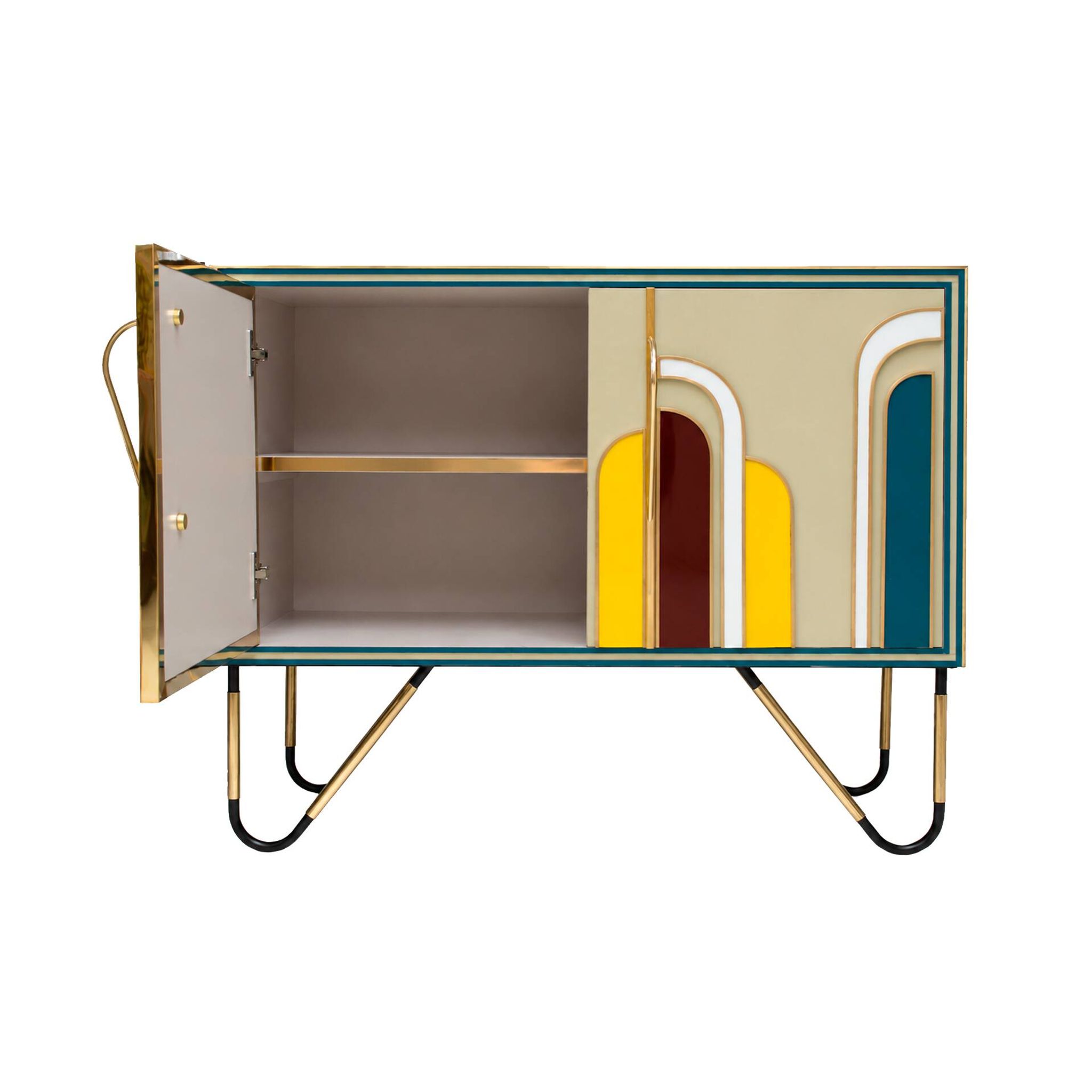 Buffet italien en bois massif et verre coloré de style mid-century modern