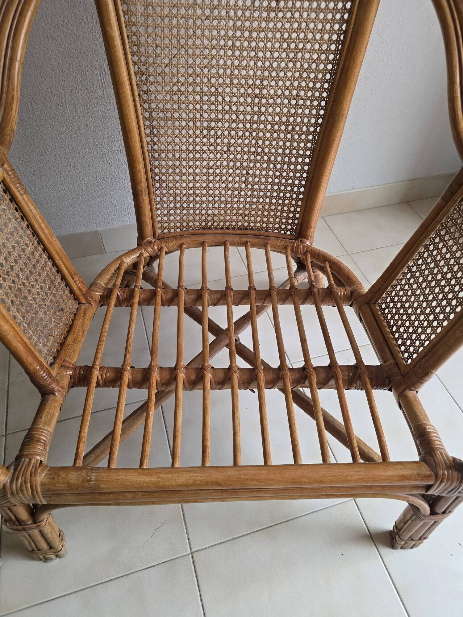 Pair of vintage rattan and cane armchairs – 1960s/70s