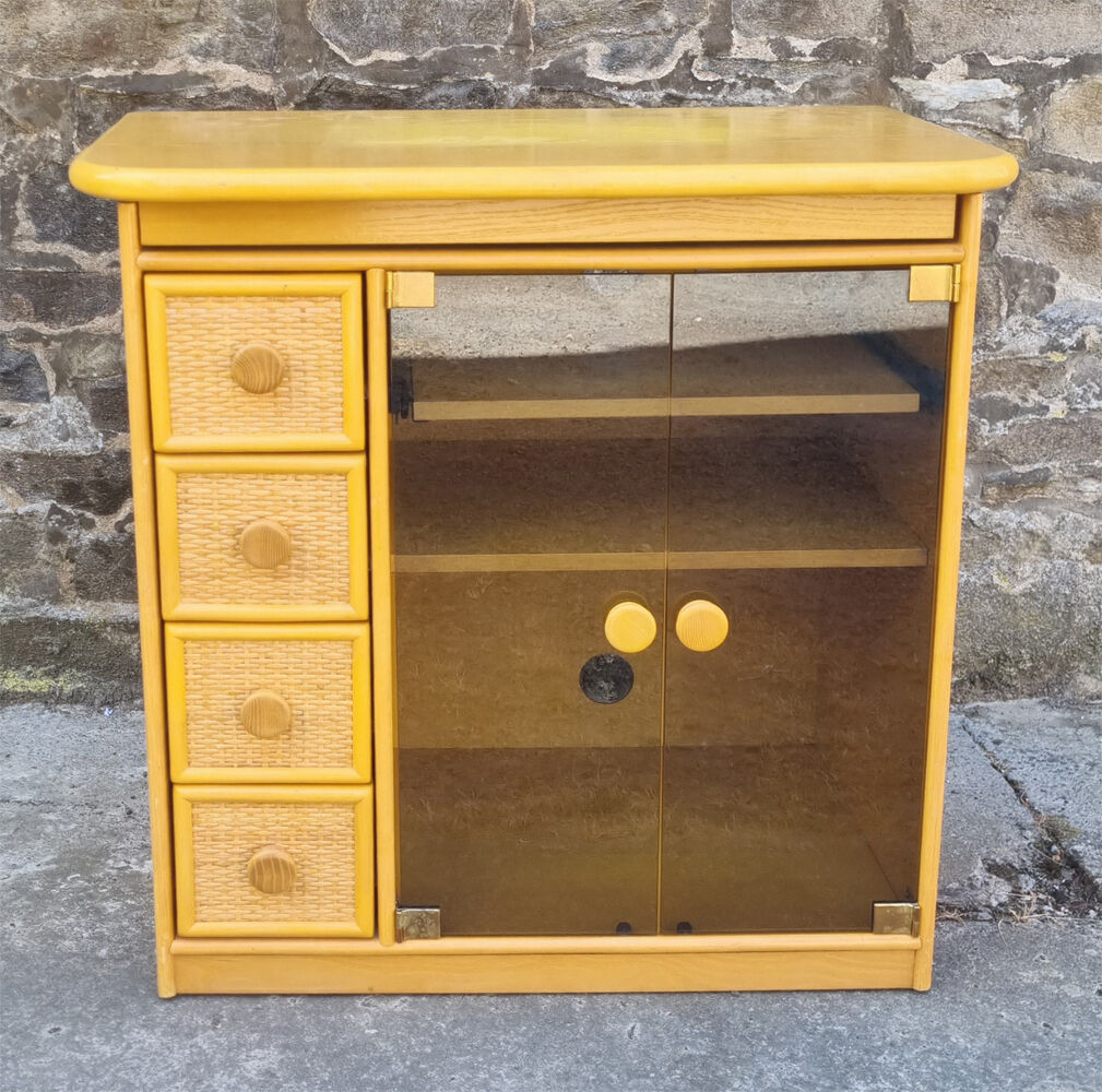 Furniture, HI FI, TV, vintage, Exodia, wood and rattan, 80s