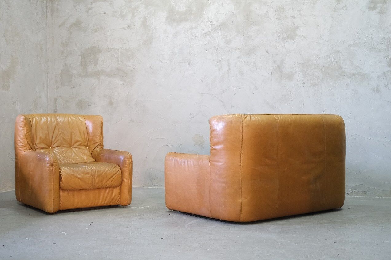 Brutalistic italian leather living room set, 1970, set of 2