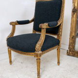 Pair of 19th century Louis XVI gilt armchairs newly re upholstered in holland and sherry fabric