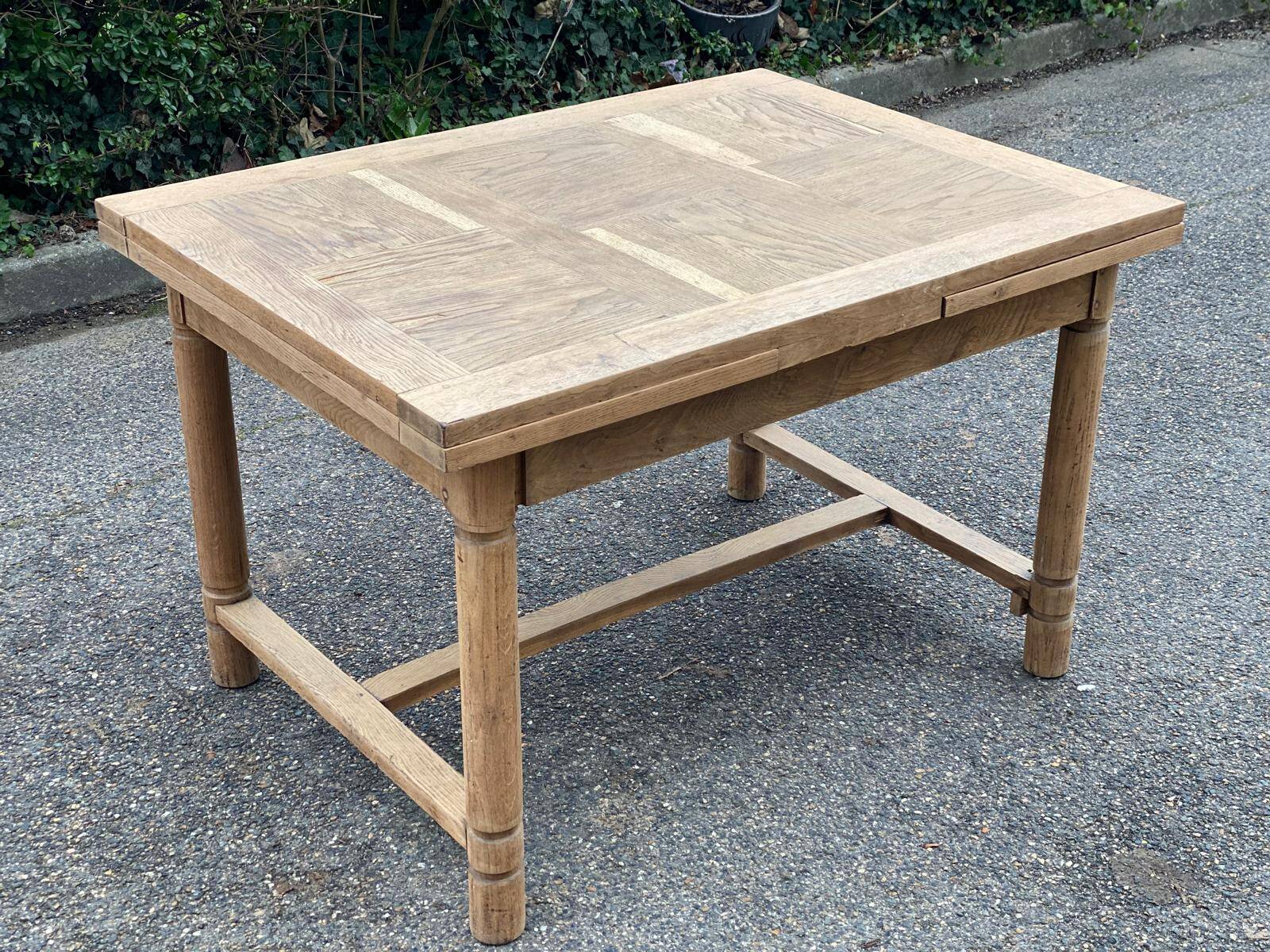 Renovated extendable farmhouse table in raw solid wood and marquetry 210cm