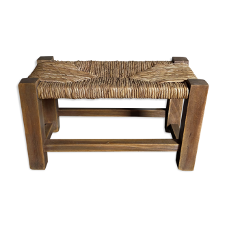 Tabouret repose-pieds en bois massif assise paillée