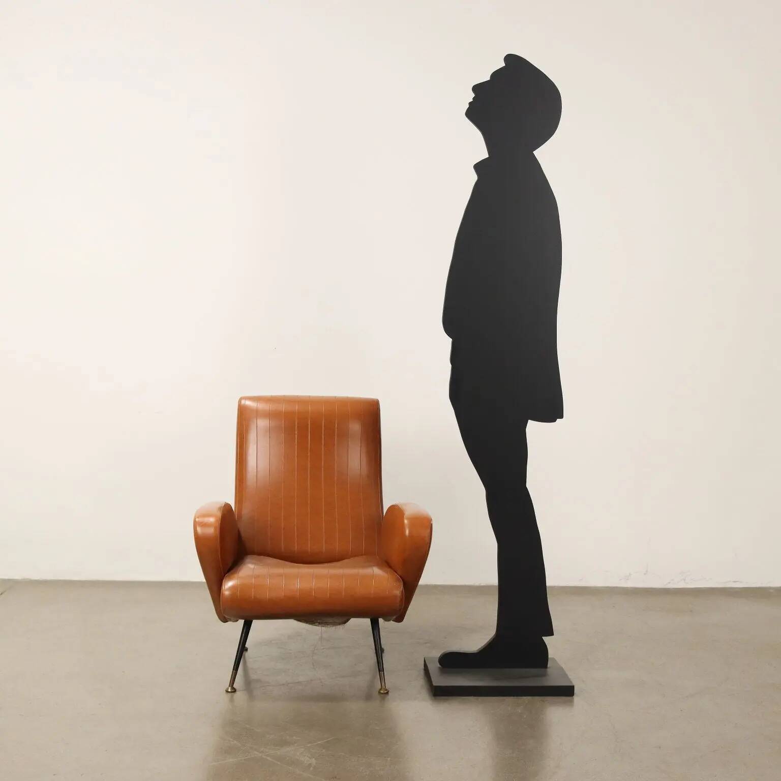 Small vintage armchair in faux leather, metal and brass, 1950s-1960s design.