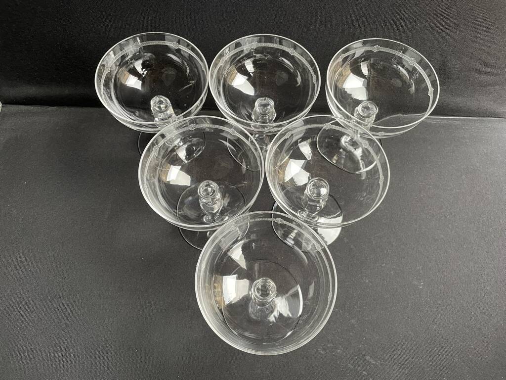 6 champagne glasses in light blown, cut and guilloché crystal