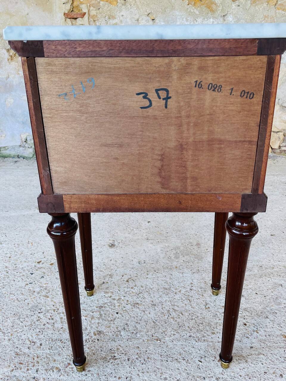 Louis XVI style bedside table, Carrara marble and mahogany