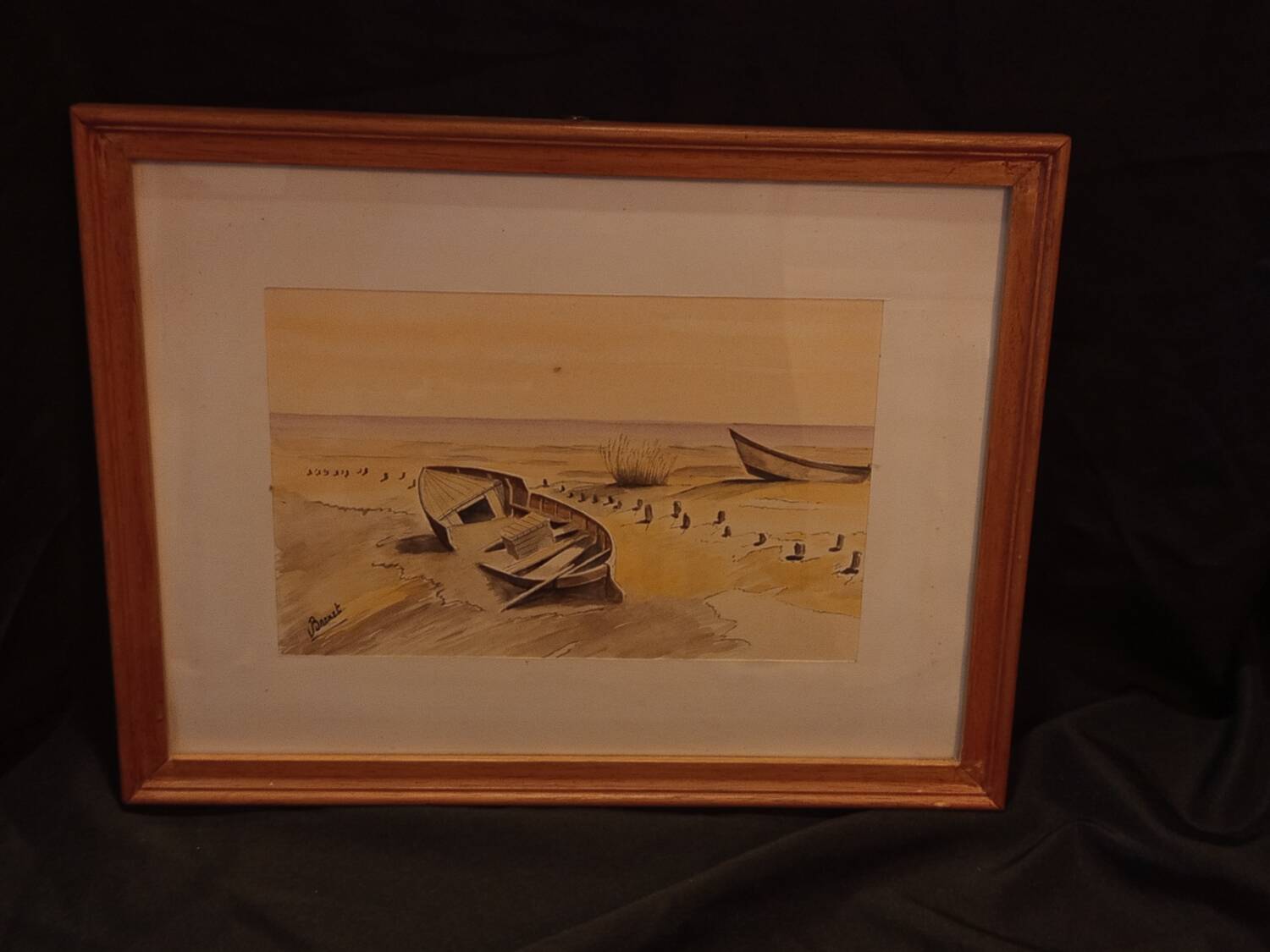Aquarelle originale signée V. Brunet – « Bateaux sur le rivage »