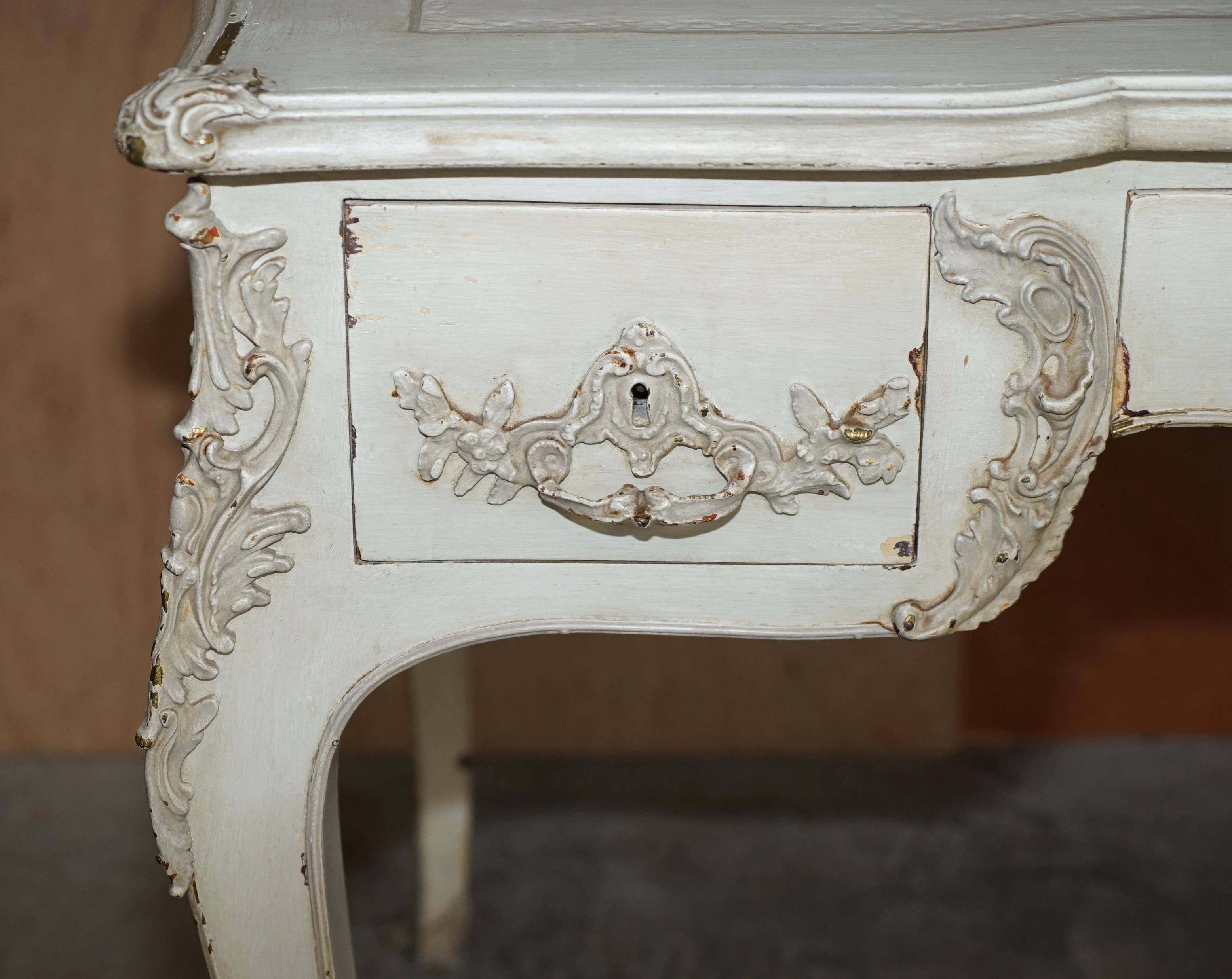 Antique Louis XV style flat desk painted with stool.