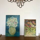tableau / huile sur toile nature morte bouquet coloré années 50
