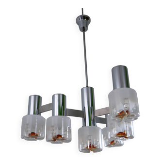 Three-Arm Blown Glass and Metal Chandelier Produced by Mazzega, Italy