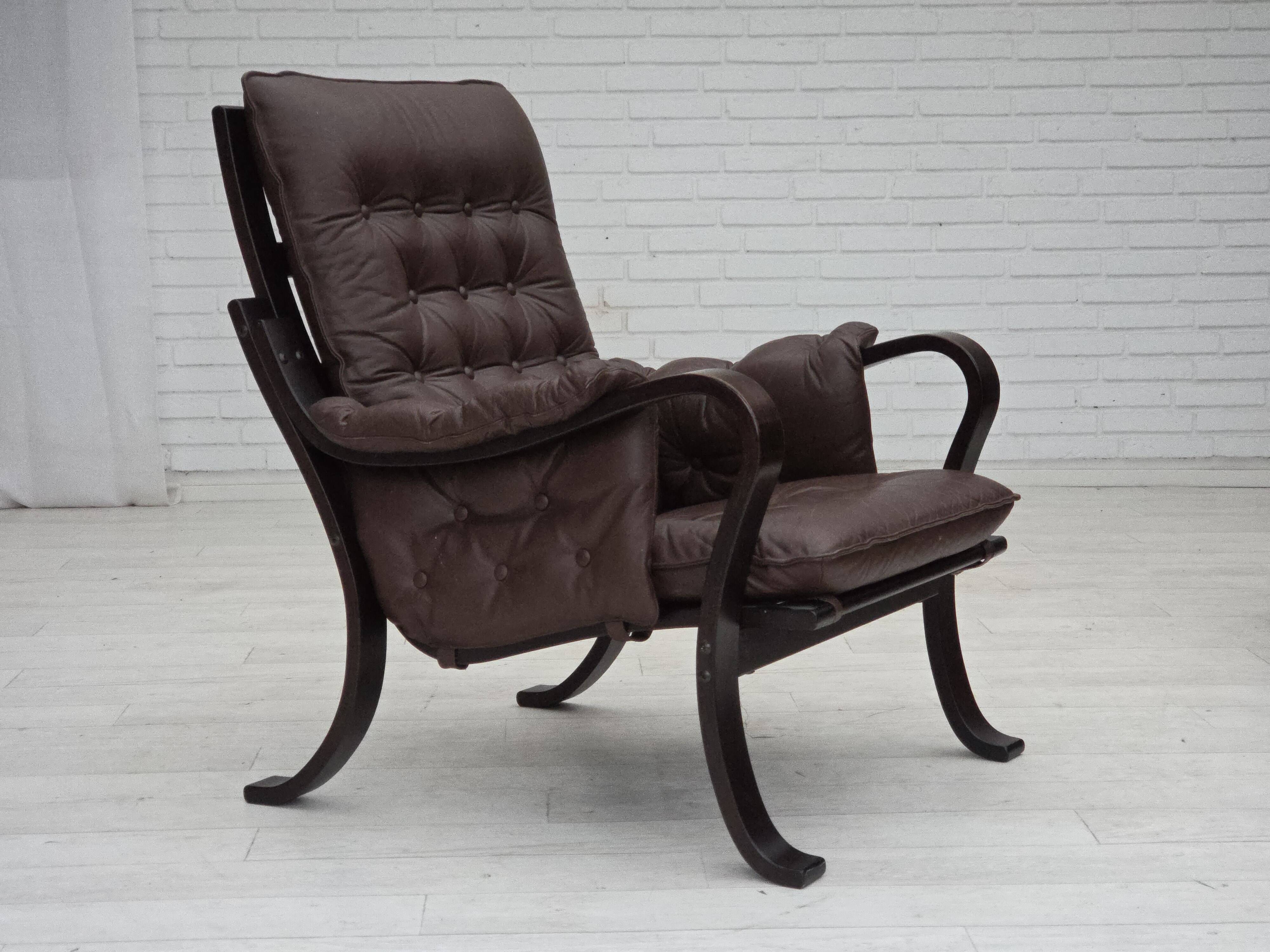 1970s, Scandinavian vintage design, armchair, brown leather, bent wood.