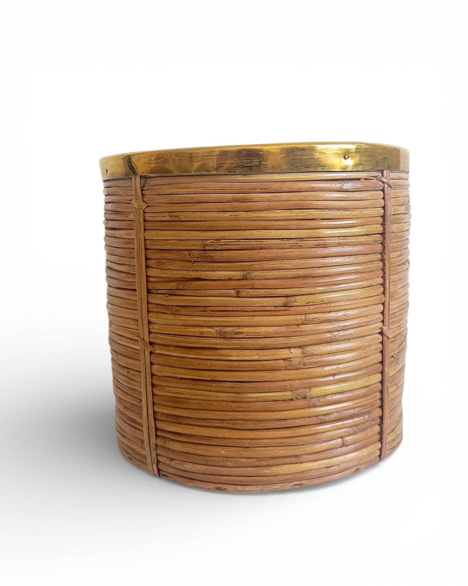 Mid-Century Organic Modern Large Pencil Reed / Rattan Planter with Brass Rim