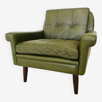 Vintage Danish Mid Century Skipper Low Back Lounge Chair In Green Leather 1960s