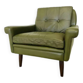 Vintage Danish Mid Century Skipper Low Back Lounge Chair In Green Leather 1960s