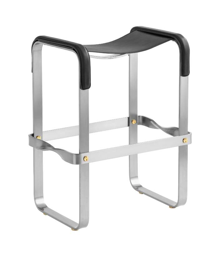 Contemporary kitchen bar stool in aged silver steel and black leather.