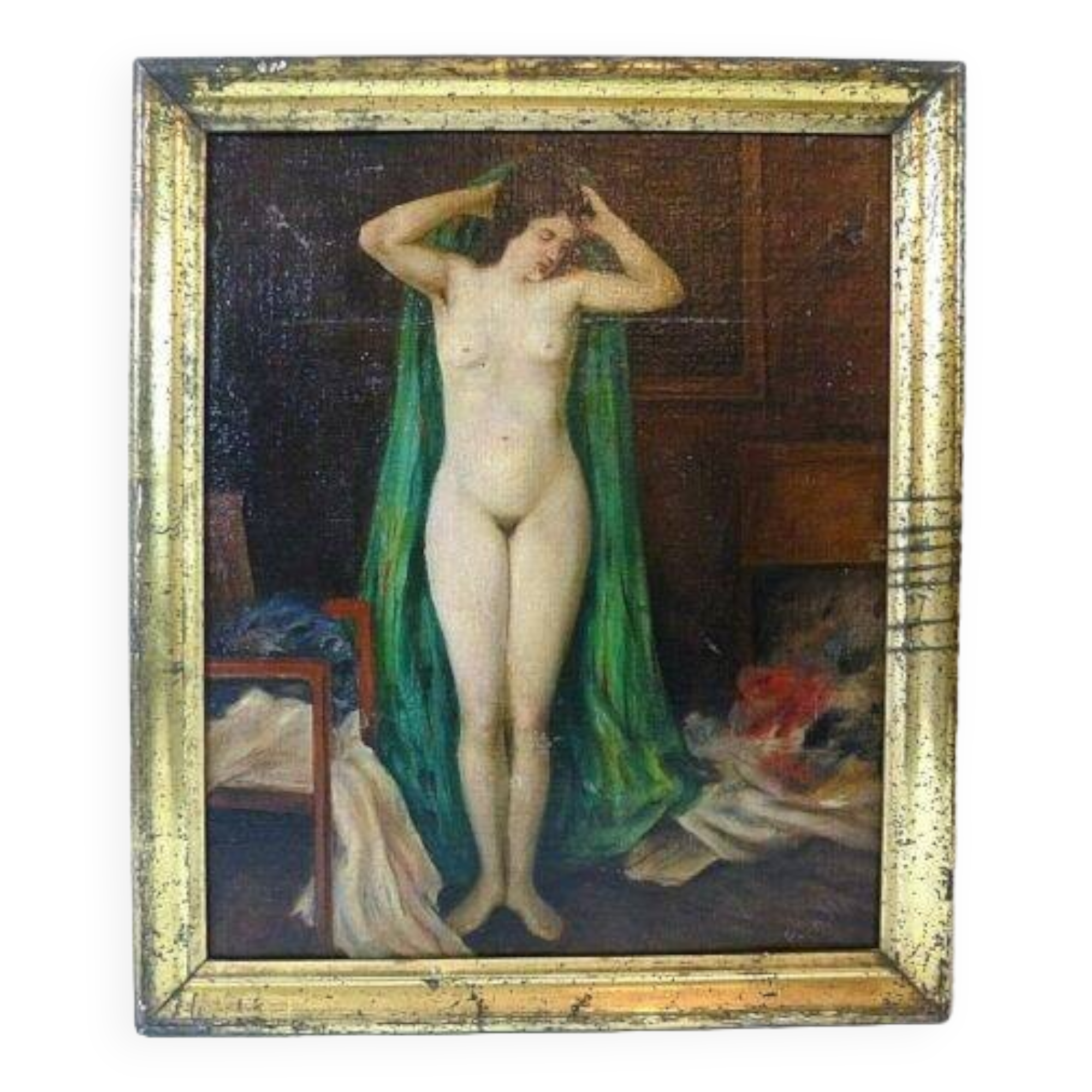 Peinture à l'huile originale d'époque représentant une femme nue